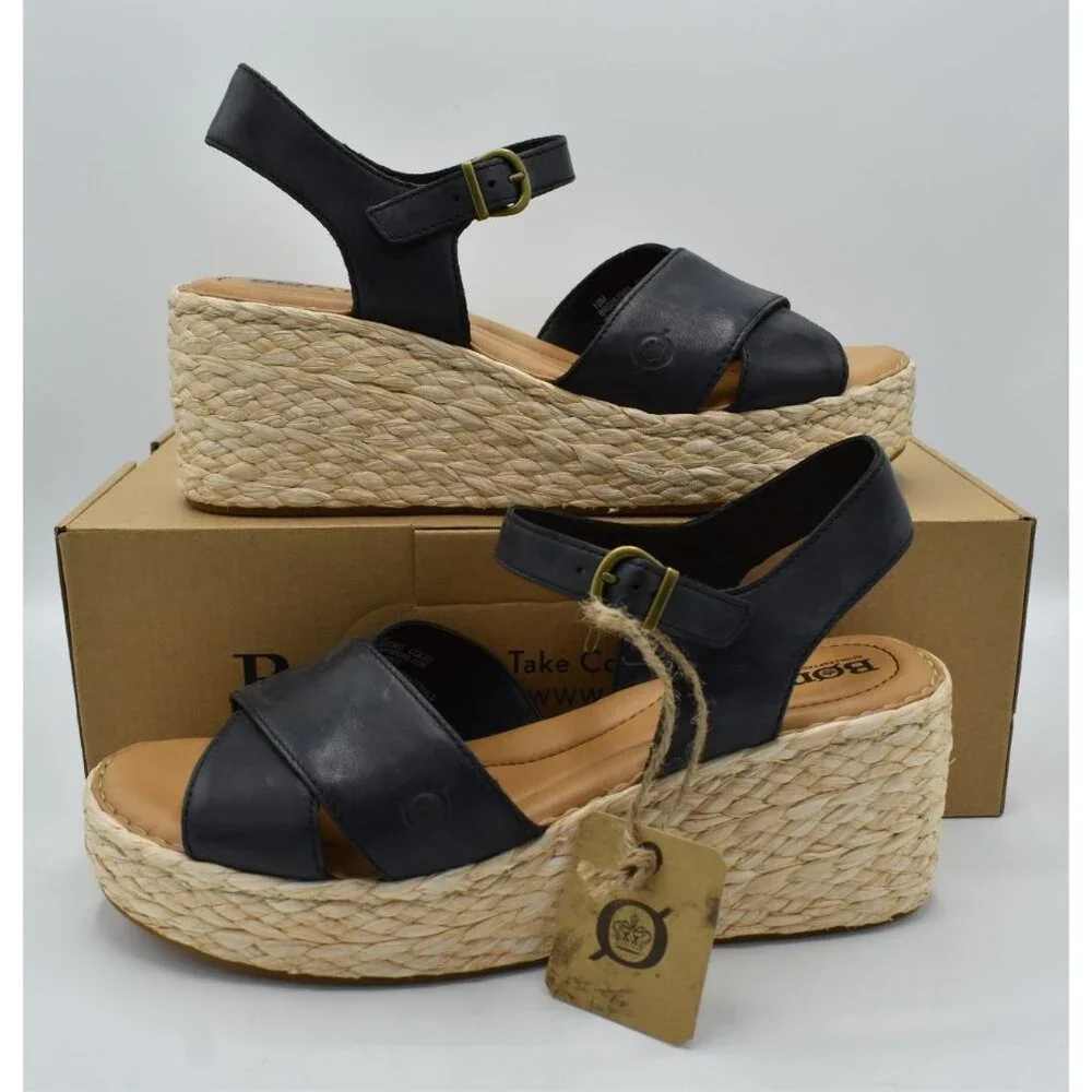 Born Women 10 Moriah Black Full Grain Leather Espadrilles Platform Wedge Sandals